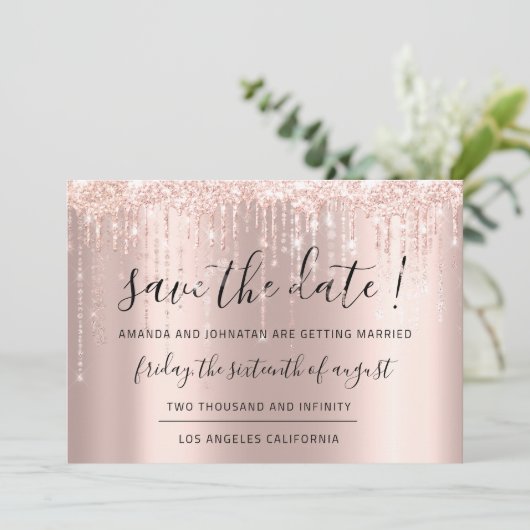 Save the Date Rose Gold Glitzer Tropfen Zeichenket (Stehend Vorderseite)