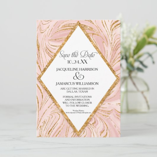 Save the Date Rose Gold Imitate Glitzer Marmorblau (Stehend Vorderseite)