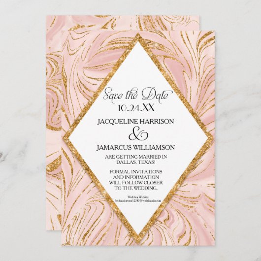 Save the Date Rose Gold Imitate Glitzer Marmorblau (Vorne/Hinten)