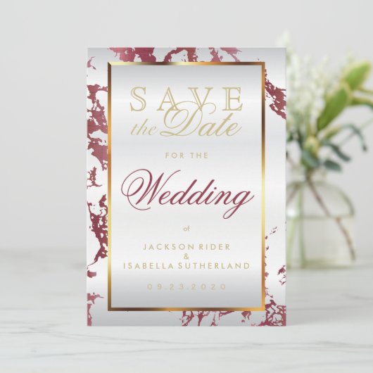 Save the Date Rose Gold Marmor, Weiß und Gold (Stehend Vorderseite)