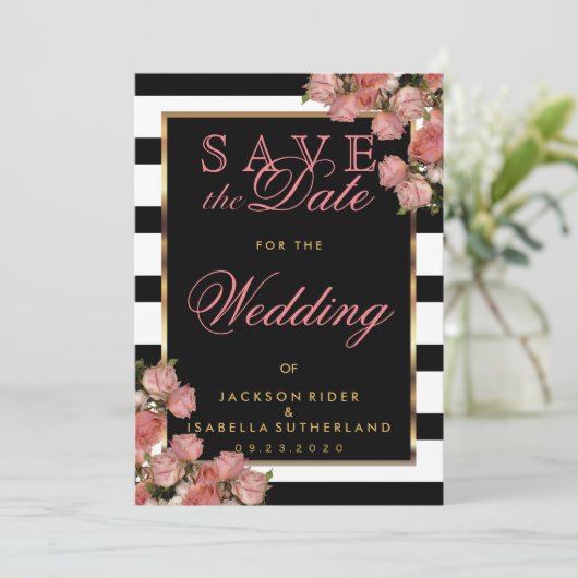 Save the Date Rose Gold mit Schwarz und Weiß (Stehend Vorderseite)