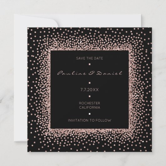 Save The Date Rose Gold Schwarz Glitter Monogram L (Vorderseite)