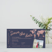 Save the Date Rose Gold Weltkarte Boarding Pass (Stehend Vorderseite)