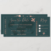 Save the Date Rose Gold Weltkarte Boarding Pass (Vorne/Hinten)