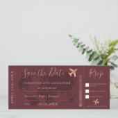 Save the Date Rose Gold Weltkarte Boarding Pass (Stehend Vorderseite)