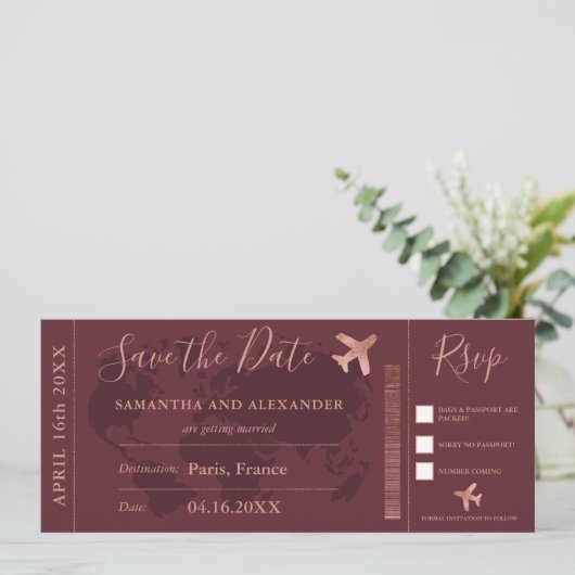 Save the Date Rose Gold Weltkarte Boarding Pass (Stehend Vorderseite)