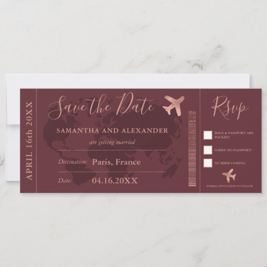 Save the Date Rose Gold Weltkarte Boarding Pass (Vorderseite)