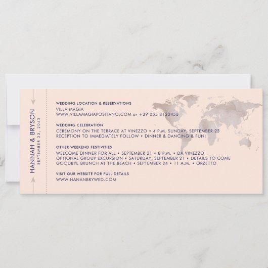 Save the Date Rose Gold World Map Boarding Pass (Rückseite)