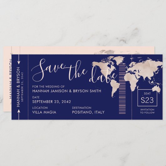 Save the Date Rose Gold World Map Boarding Pass (Vorne/Hinten)