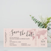 Save the Date Rose Gold World Map Boarding Pass Ankündigung (Stehend Vorderseite)