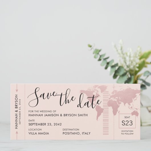 Save the Date Rose Gold World Map Boarding Pass Ankündigung (Stehend Vorderseite)