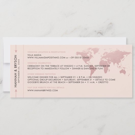 Save the Date Rose Gold World Map Boarding Pass Ankündigung (Rückseite)