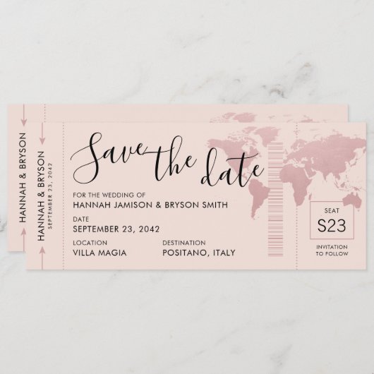 Save the Date Rose Gold World Map Boarding Pass Ankündigung (Vorne/Hinten)