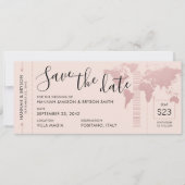 Save the Date Rose Gold World Map Boarding Pass Ankündigung (Vorderseite)