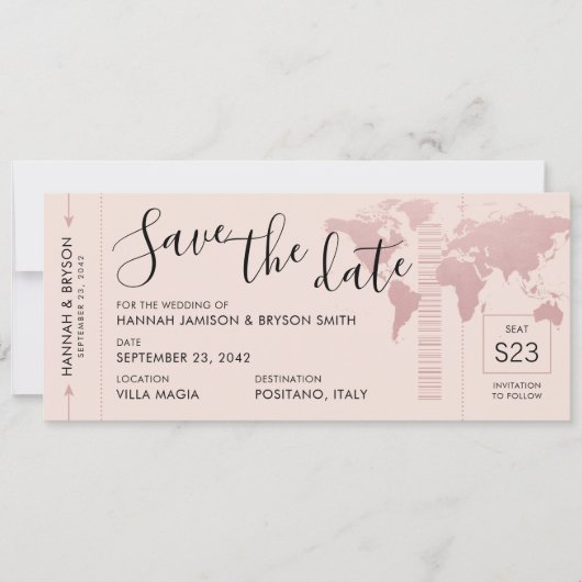 Save the Date Rose Gold World Map Boarding Pass Ankündigung (Vorderseite)
