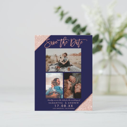 Save the Date Rose Goldgitter-Foto Ankündigungspostkarte (Stehend Vorderseite)