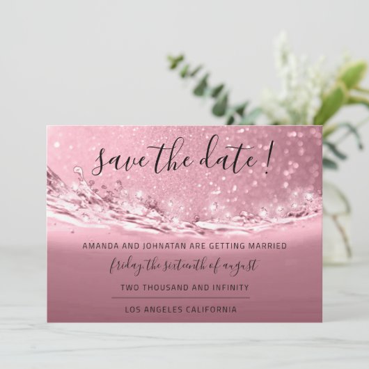 Save the Date Rose Rosa Kristalle (Stehend Vorderseite)