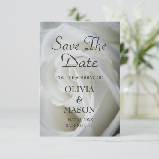 Save the Date - Rose weiß texturiert (Stehend Vorderseite)