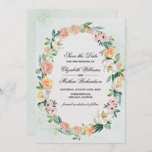 Save The Date. Rose Wreath Wedding Einladung (Vorne/Hinten)