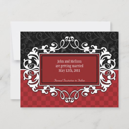 Save the Date Rot und Schwarz Elegante Scroll Cust Einladung (Rückseite)