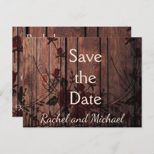 Save the Date rote Imitate Spitzen und Holz Ankündigungspostkarte (Vorne/Hinten)