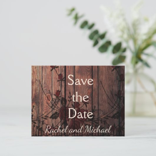 Save the Date rote Imitate Spitzen und Holz Ankündigungspostkarte (Stehend Vorderseite)
