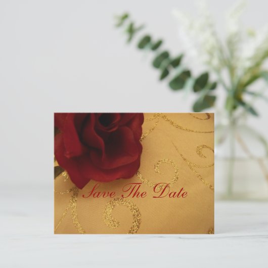 Save the Date Rote Rose Gold wirbelnde Postkarte (Stehend Vorderseite)
