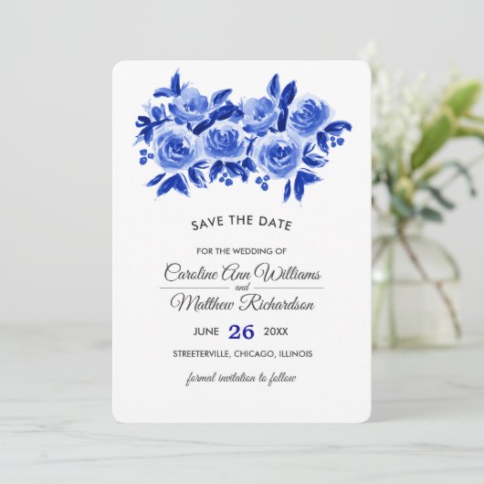 Save The Date. Royal Blue Floral Wedding Cards Save The Date (Stehend Vorderseite)