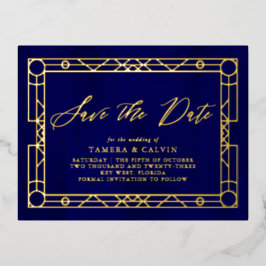 Save the Date Royal Blue Gold Dekorrahmen Folie Einladungspostkarte