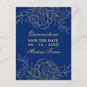 Save the Date Royal Blue und Gold Fine Art Floral Ankündigungspostkarte