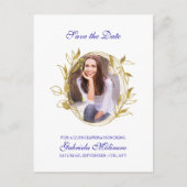 Save the Date Royal Blue und Gold Leaf Frame Foto Ankündigungspostkarte (Vorderseite)