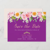 Save the Date Royal Lila Floral Quinceanera Card Dankeskarte (Vorne/Hinten)