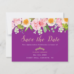 Save the Date Royal Lila Floral Quinceanera Card Dankeskarte