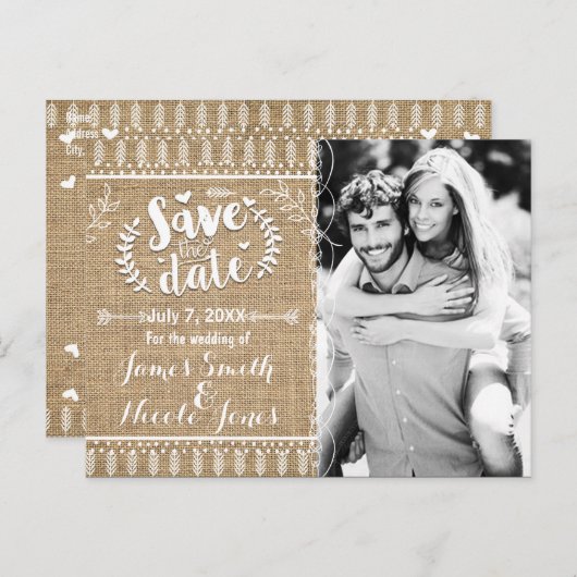 Save the Date Rustic Burlap Foto Einladung (Vorne/Hinten)