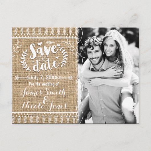 Save the Date Rustic Burlap Foto Einladung (Vorderseite)