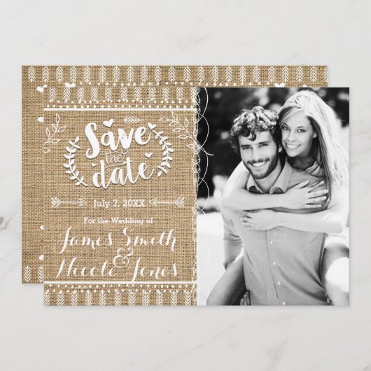 Save the Date Rustic Burlap Foto Einladung (Vorne/Hinten)