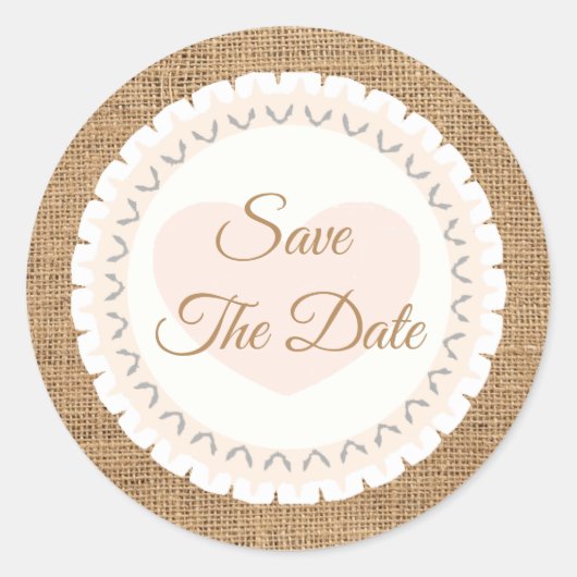 Save the Date Rustic Burlap Wedcker Runder Aufkleber (Vorderseite)