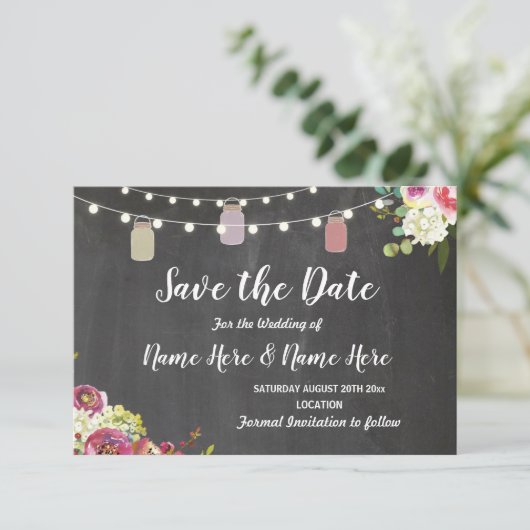 Save the Date Rustic Jar Light Chalk Floral Einlad (Stehend Vorderseite)