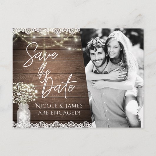 Save the Date Rustic Mason Jar Gipskraut Foto Ankündigungspostkarte (Vorderseite)