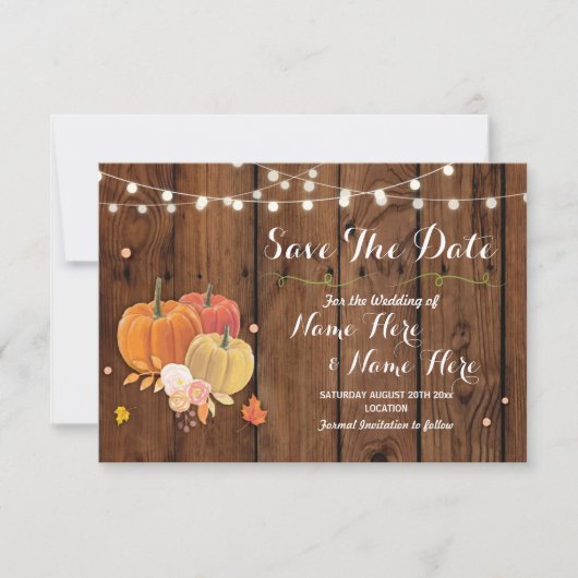 Save the Date Rustic Pumpkin Lights Wood Wedding (Vorderseite)