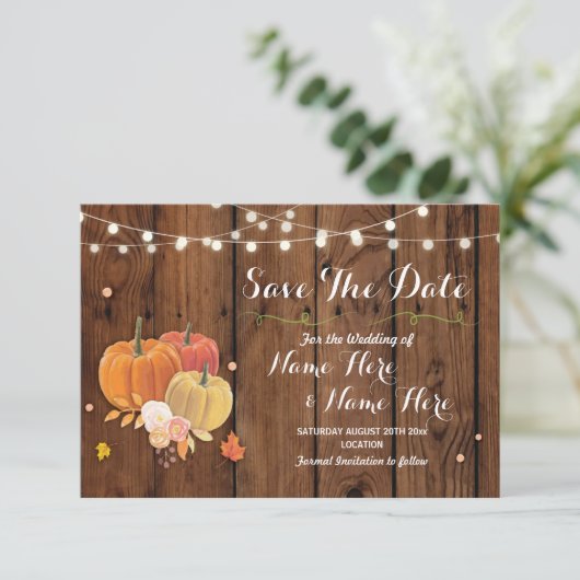 Save the Date Rustic Pumpkin Lights Wood Wedding (Stehend Vorderseite)