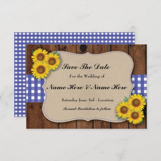 Save the Date Rustic Sunflower Karo Card (Vorne/Hinten)