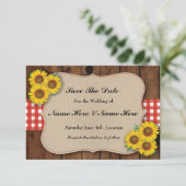 Save the Date Rustic Sunflower Red Karo Card (Stehend Vorderseite)