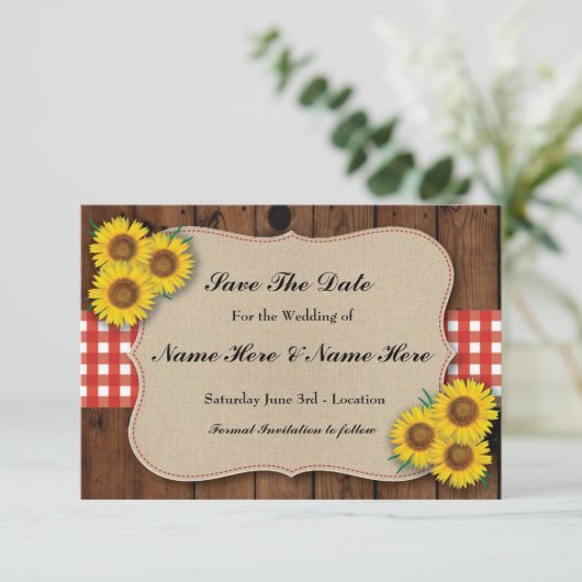 Save the Date Rustic Sunflower Red Karo Card (Stehend Vorderseite)