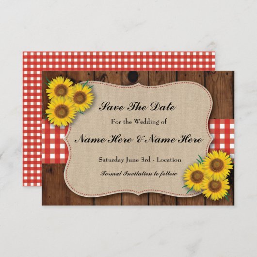 Save the Date Rustic Sunflower Red Karo Card (Vorne/Hinten)
