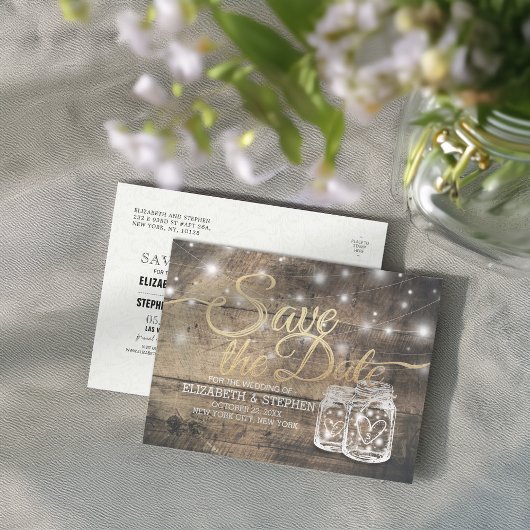 Save The Date Rustic Wood Mason Jar String Lights Ankündigungspostkarte