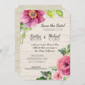 Save the Date Rustic Wood Watercolor Rose Peony (Vorne/Hinten)