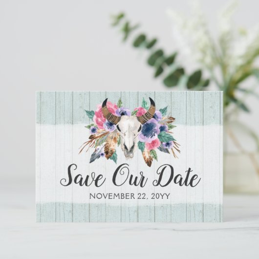 Save the Date Rustikale Blumenkuh Skull Boho Hochz (Stehend Vorderseite)