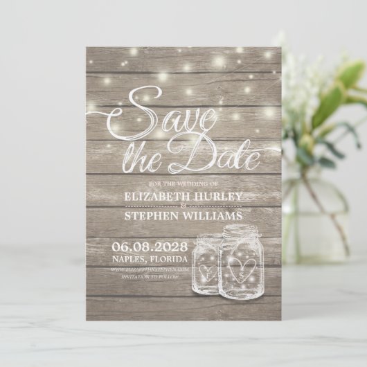 Save the Date rustikale Holz Mason Jar String Ligh (Stehend Vorderseite)