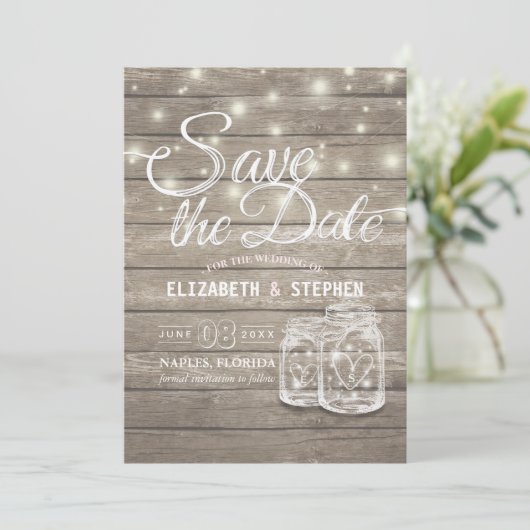 Save the Date rustikale Holz Mason Jar String Ligh (Stehend Vorderseite)